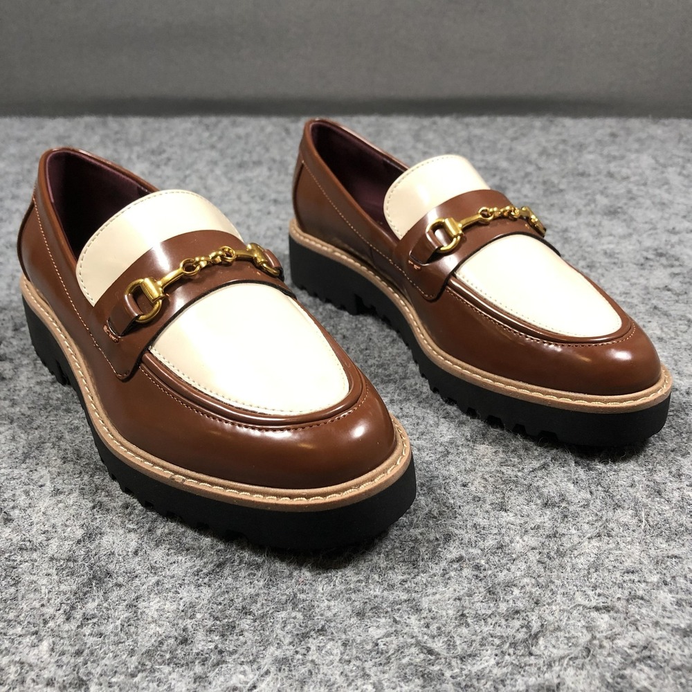 Franco Sarto Colette Shoes Womens Size 5.5 Brown Cream Horsebit Loafers Lug Sole